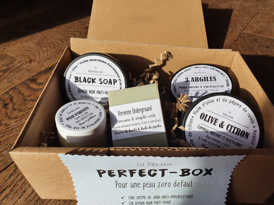La "Perfect box", coffret ou boîte cadeau de soins complets anti acné et anti boutons pour une peau parfaite