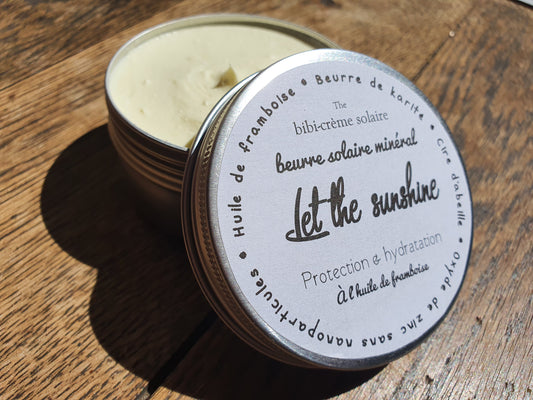 Le "Let the sunshine", beurre solaire protecteur, crème solaire minérale anti UV à l'oxyde de zinc, huile végétale de framboise, beurre de karité et cire d'abeille sans nanoparticules