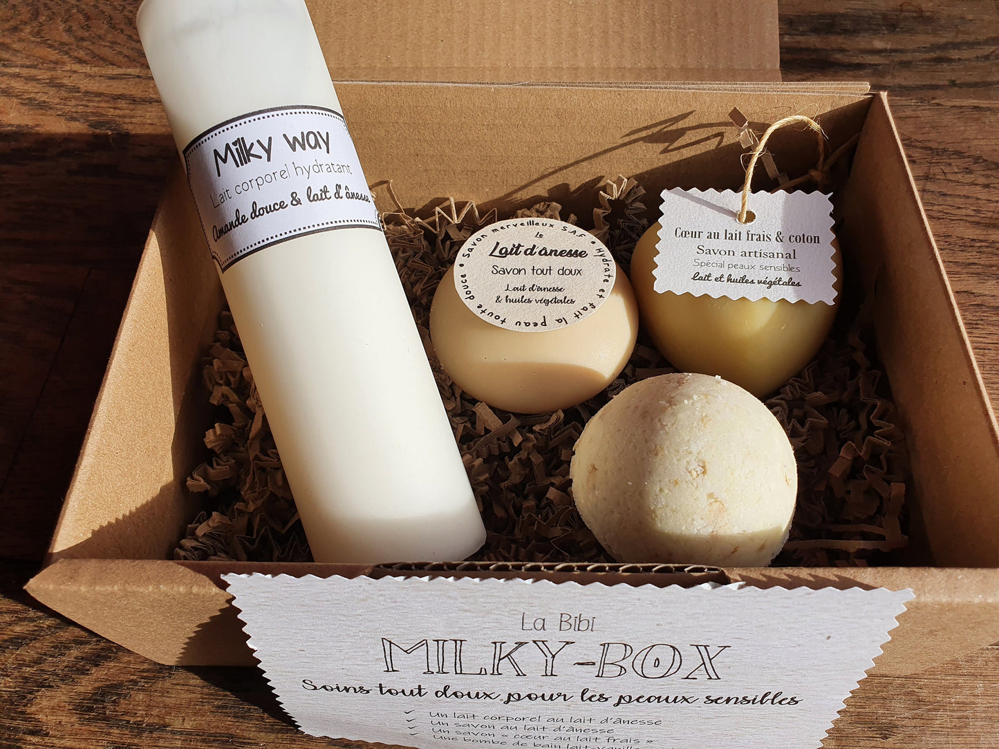 La "Milky-box", coffret ou boîte cadeau de soins complets au lait pour les peaux en manque de douceur et d'hydratation