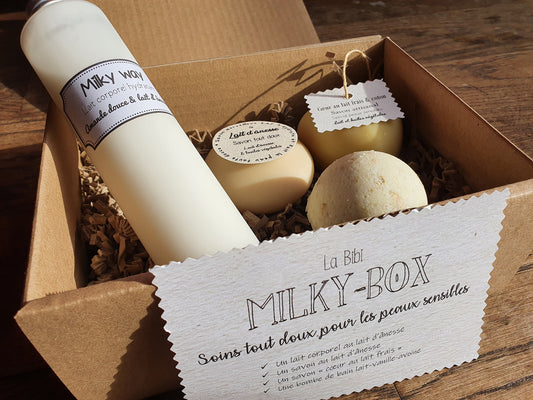 La "Milky-box", coffret ou boîte cadeau de soins complets au lait pour les peaux en manque de douceur et d'hydratation