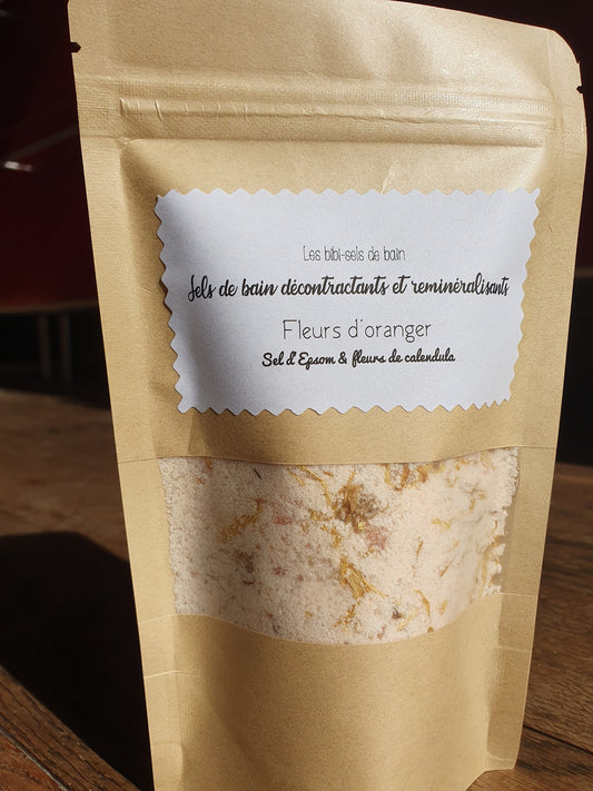 Sels de bain décontractants et reminéralisants "Fleurs d'oranger", à la fleur d'oranger, sel d'Epsom relaxant et fleurs de calendula