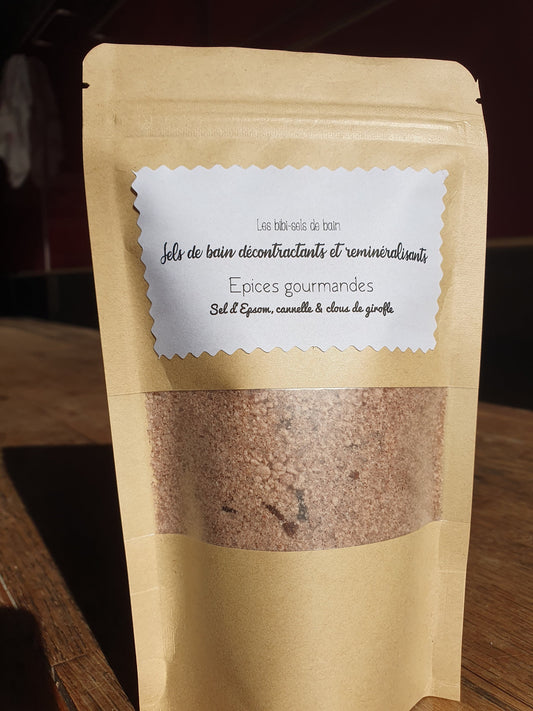 Sels de bain décontractants et reminéralisants "Epices gourmandes" aux épices, cannelle, clous de girofle et sel d'Epsom relaxant