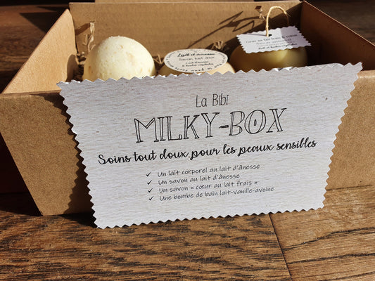 La "Milky-box", coffret ou boîte cadeau de soins complets au lait pour les peaux en manque de douceur et d'hydratation