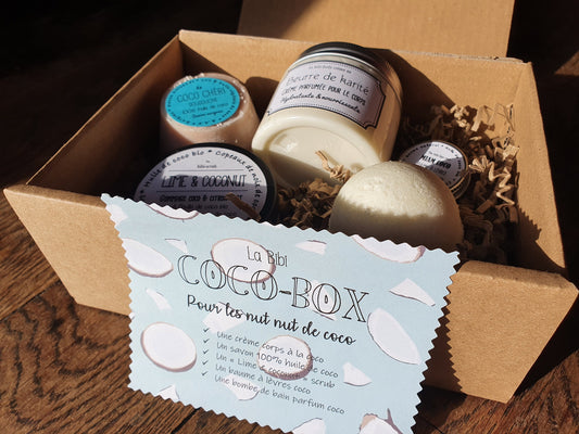 La "Coco-box", coffret ou boîte cadeau de soins complets ultra gourmands à la noix de coco